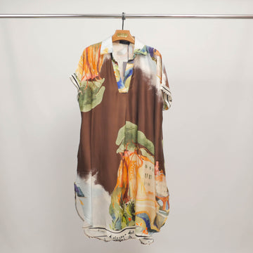 Robe chemise imprimé paysage en viscose et soie  KD6917VS-22