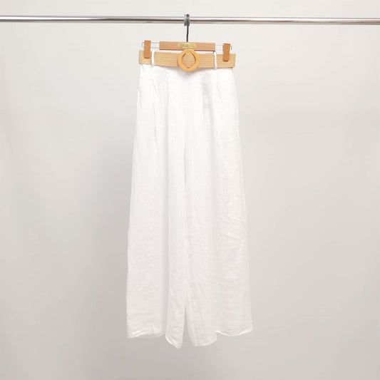 Pantalon large en lin avec ceinture tressée YX23097