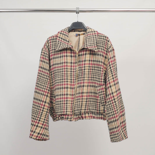 Veste pied-de-poule beige col fausse fourrure amovible TDM70025-3