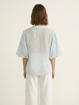 Striped puff sleeve mandarin collar shirt SSC80555