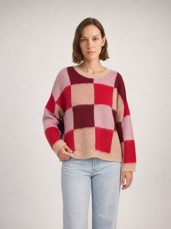 Pull en maille mohair à carreaux, col rond – CA10928