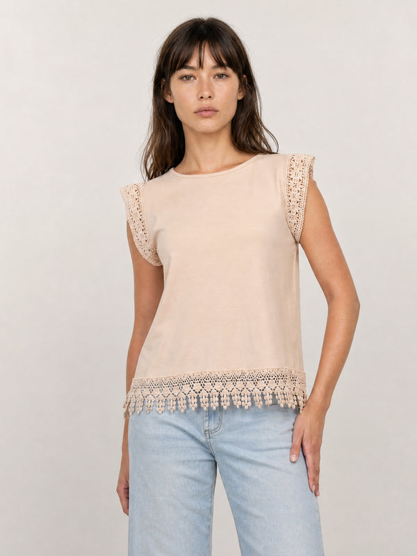 T-shirt en coton à finitions dentelle ajourée CVA923247