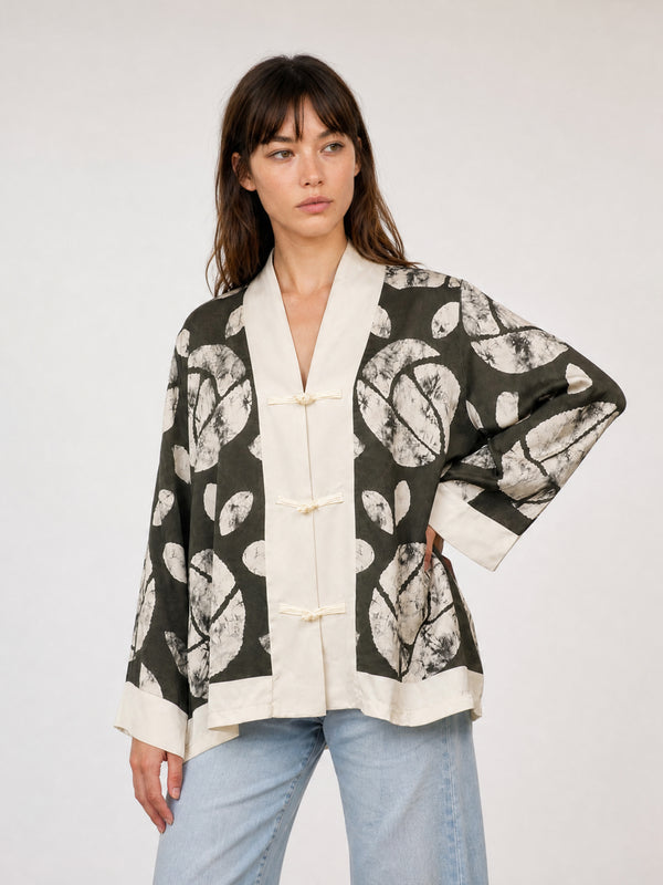 Veste satinée imprimé feuilles brandebourgs KD88009VS-14