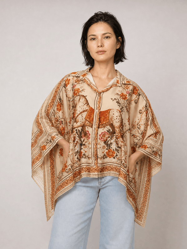 Chemise satinée ample imprimé cheval fleuri KD8871VS-21