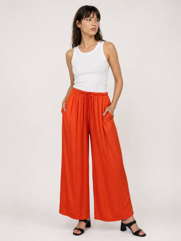 Pantalon fluide satiné à taille élastiquée KD9510VS