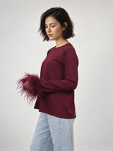 T-shirt fluide à manches ornées de plumes – MJ66441