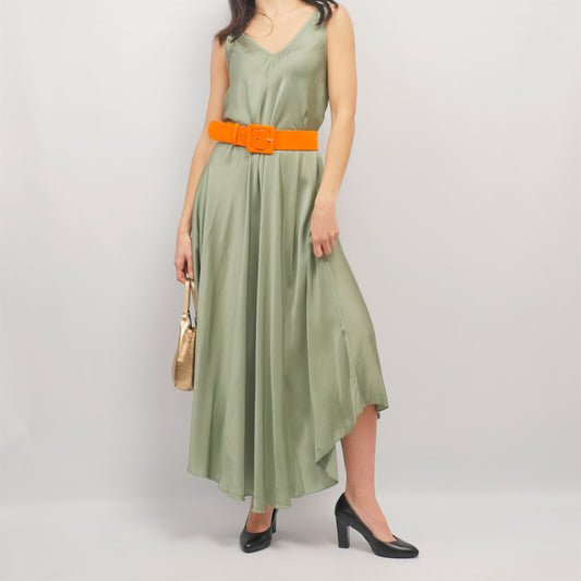 Robe longue fluide col V vert sauge – DS14196VS