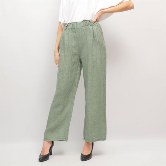 Pantalon large en lin à taille froncée YX23059