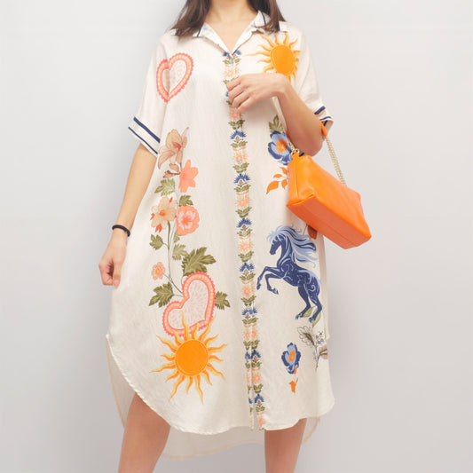 Robe chemise imprimé cheval & soleil en tencel – KD9120TC