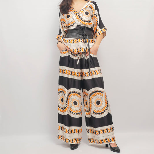 Pantalon large imprimé géométrique taille élastique KD6637VS-17