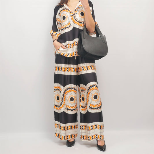 Blouse fluide imprimé géométrique col tunisien KD7607BS-17