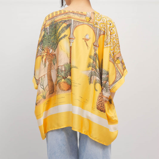 Blouse poncho imprimé oriental fond jaune col V KD8069VS-3