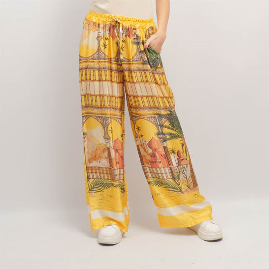 Pantalon large imprimé oriental fond jaune taille élastique KD6637VS-3