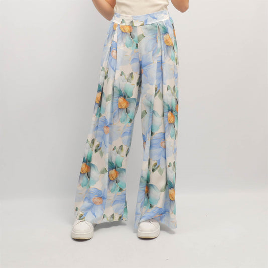 Pantalon palazzo imprimé fleurs bleues fond ivoire KD8792VP