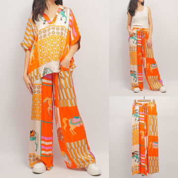 Pantalon large imprimé foulard équestre en viscose soie KD6637VS-20