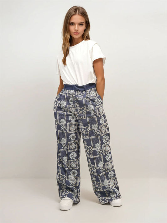 Pantalon large imprimé floral patchwork MJ264444