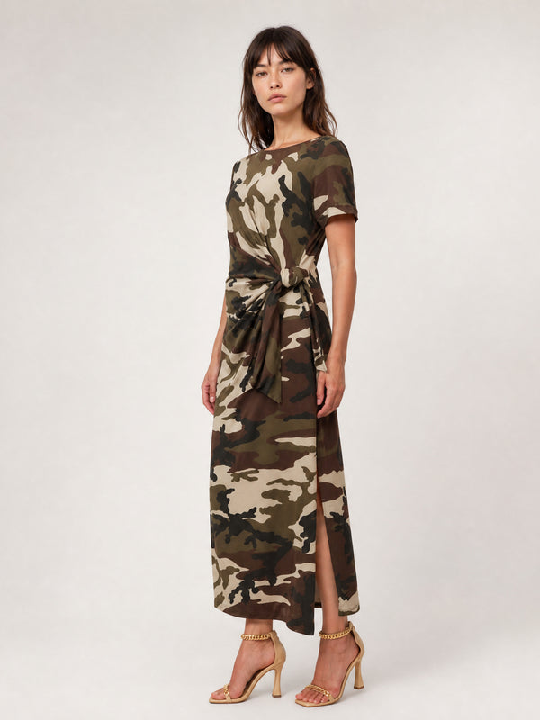 Robe midi imprimé militaire à nœud drapé TDM23525-7