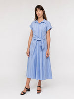 Load image into Gallery viewer, Robe midi rayée en coton mélangé à ceinture TDM23824-8