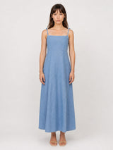 Robe longue en denim de coton à dos smocké TDM30226-2