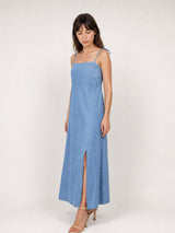 Robe longue en denim de coton à dos smocké TDM30226-2