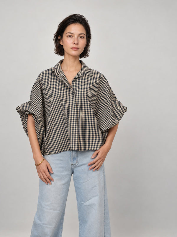 Chemise ample à carreaux et manches bouffantes – THS38726Q11