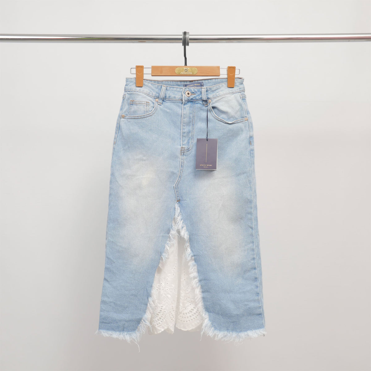 Denim midi skirt with embroidered slit and frayed edges   csw1333