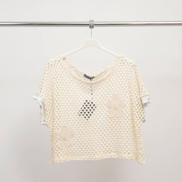 Top crochet fleurs brodées manches denim – COL33588