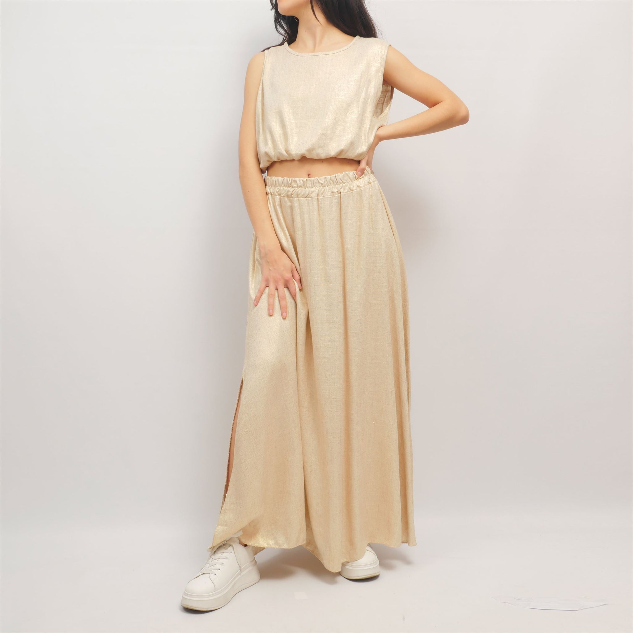 Ensemble top court et jupe longue beige doré - TDM31323-4