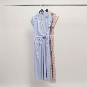 Robe chemise longue à rayures avec nœud taille – TDM23824-2