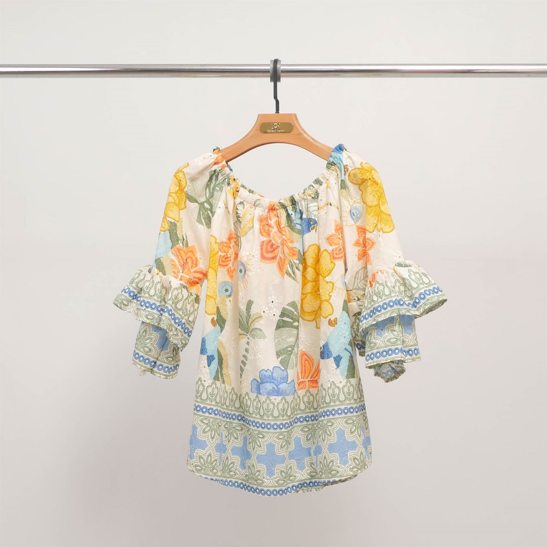 Loose-fitting blouse with floral embroidery and elasticated collar – KD8738CO-3