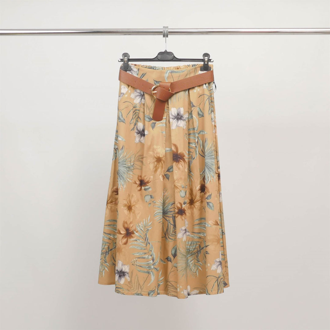 Jupe midi fleurie avec ceinture en simili cuir TDM52123-8