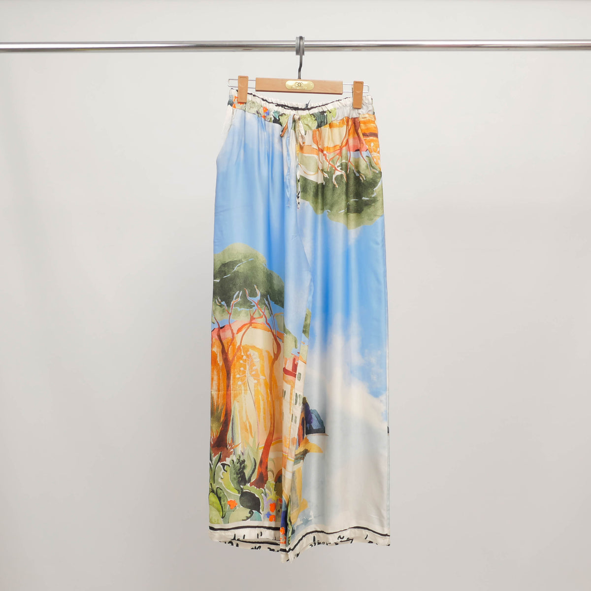 Wide leg landscape print viscose and silk trousers kd6637vs 22