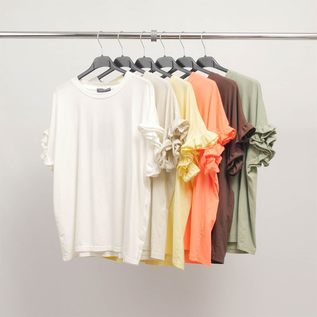 Stretch cotton T-shirt with ruffled sleeves CM54449