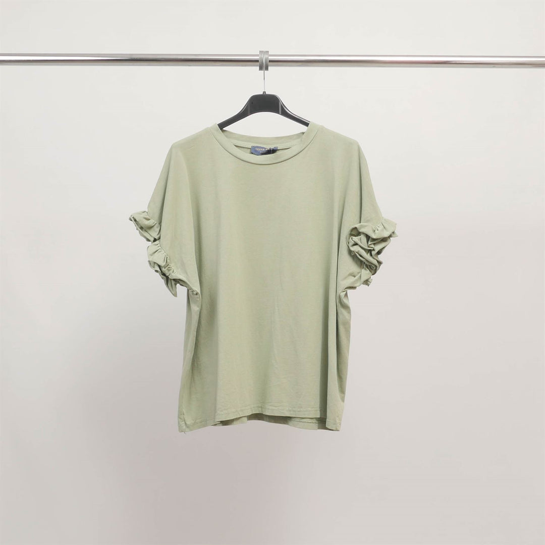 Stretch cotton T-shirt with ruffled sleeves CM54449