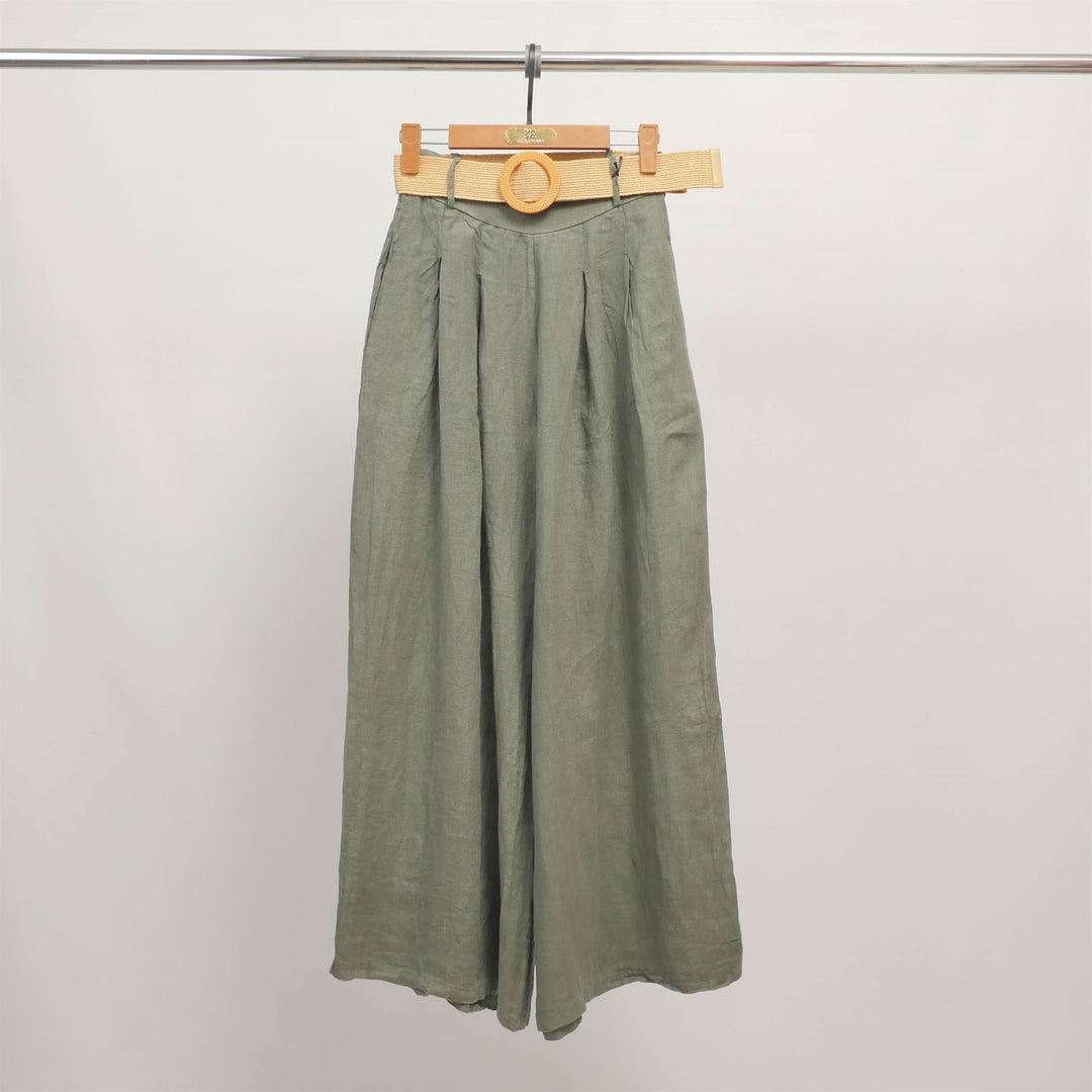 Wide-leg linen trousers with braided belt YX23097