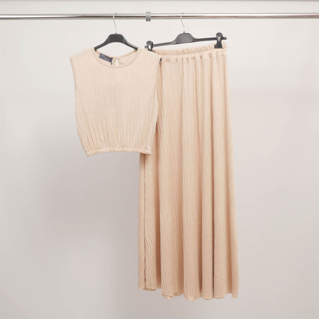 Ensemble top et jupe plissée scintillant nude TDM31323-6