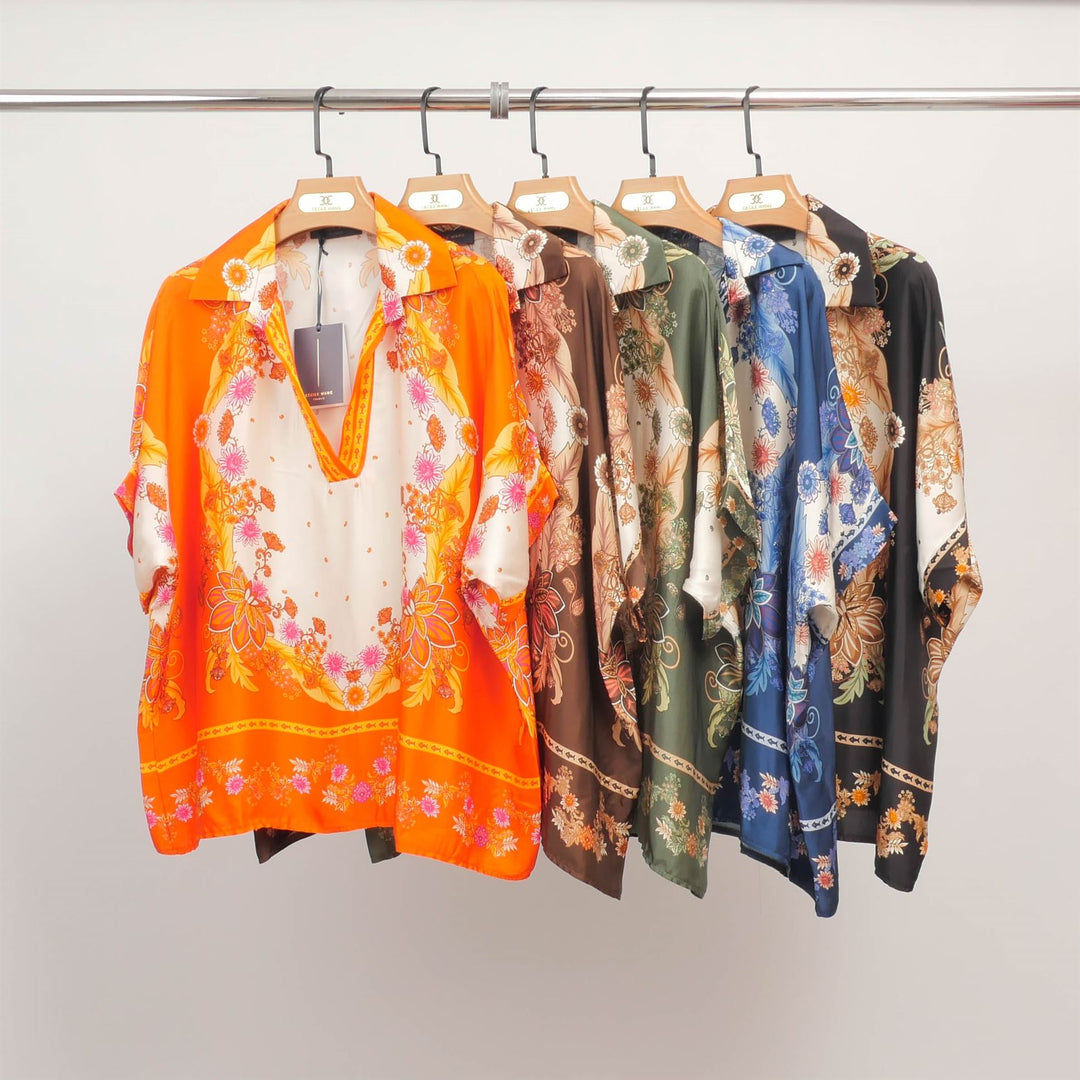 Flowy tunic with scarf print and V-neck KD9117VS-8