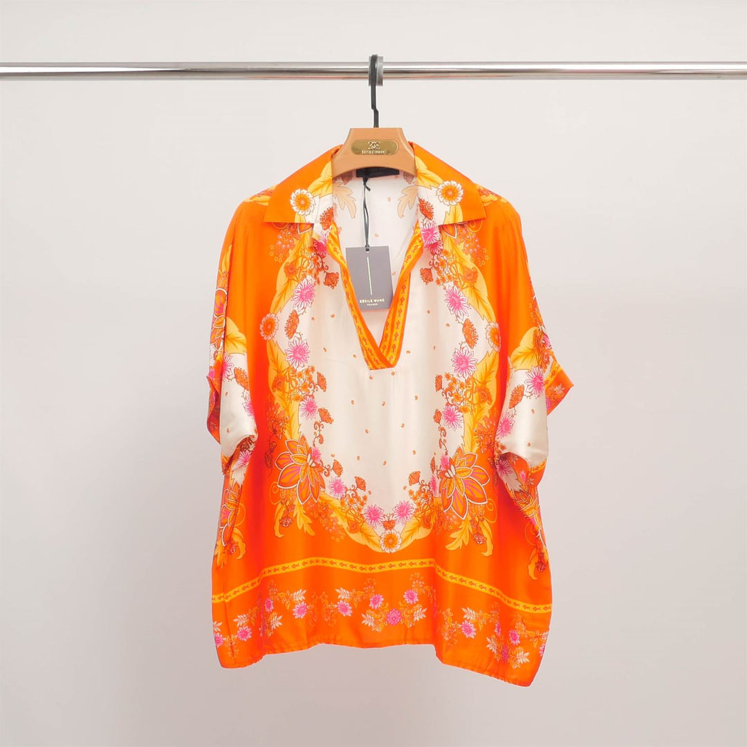 Flowy tunic with scarf print and V-neck KD9117VS-8