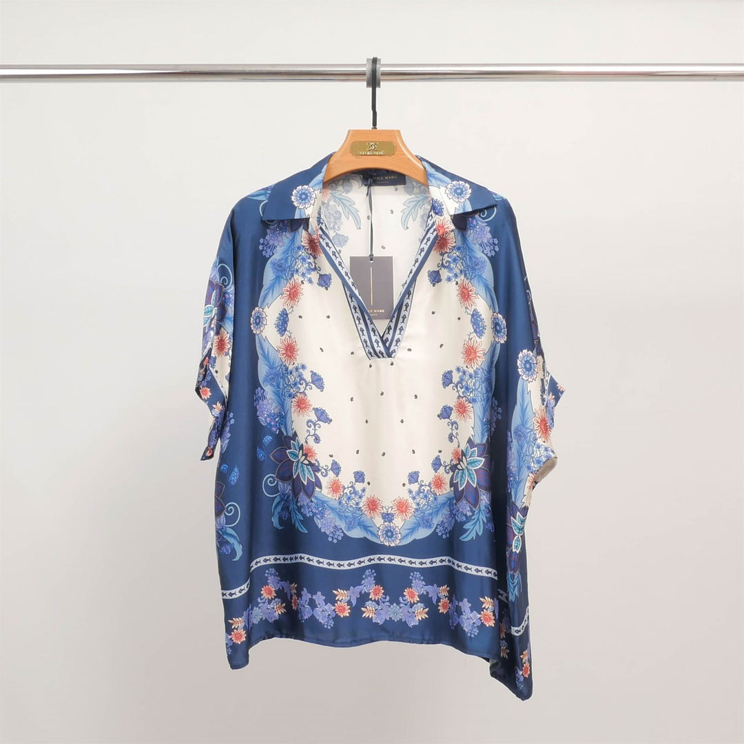 Flowy tunic with scarf print and V-neck KD9117VS-8