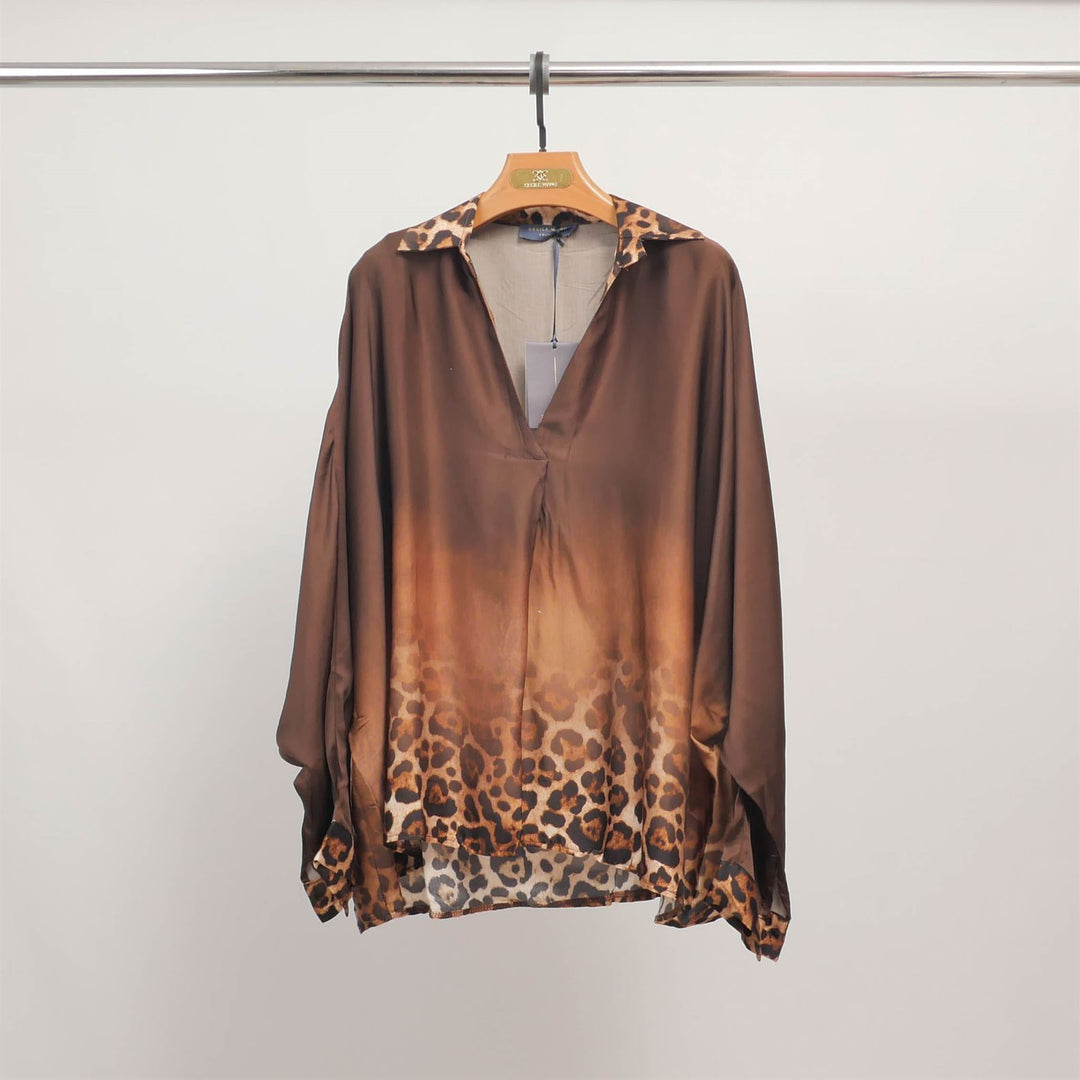 Flowy tunic with gradient leopard print collar KD9233VS-23