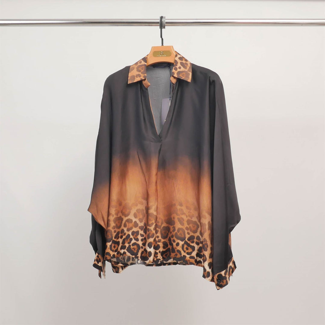 Flowy tunic with gradient leopard print collar KD9233VS-23