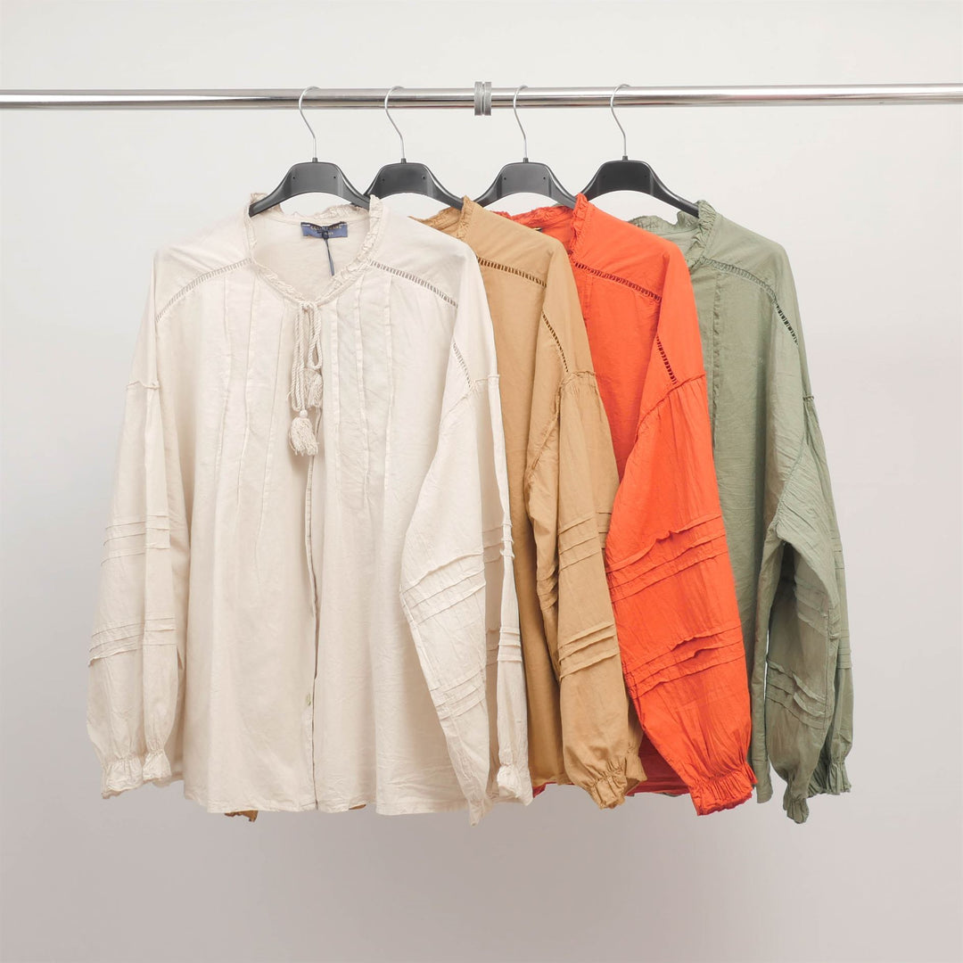 Cotton blouse with puff sleeves and pleated details TDM37325