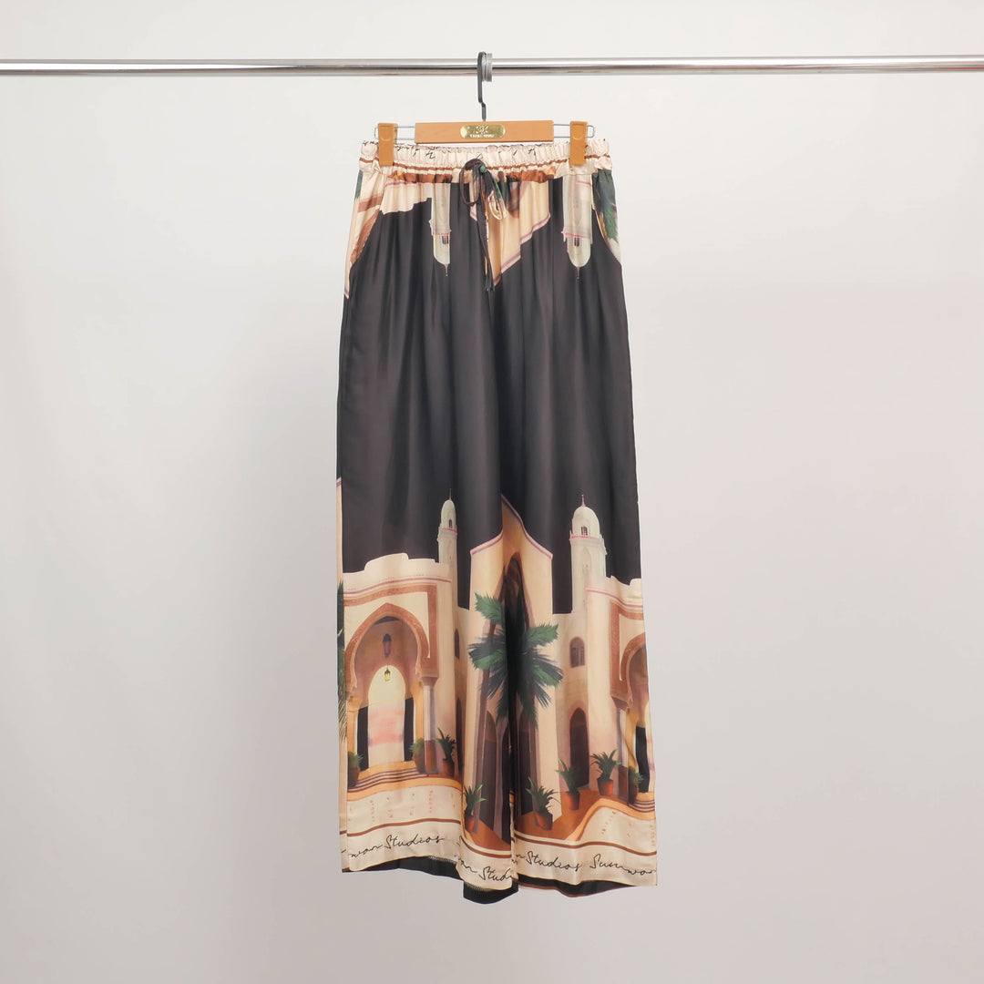Wide-leg trousers with oriental architecture print KD6637VS-26