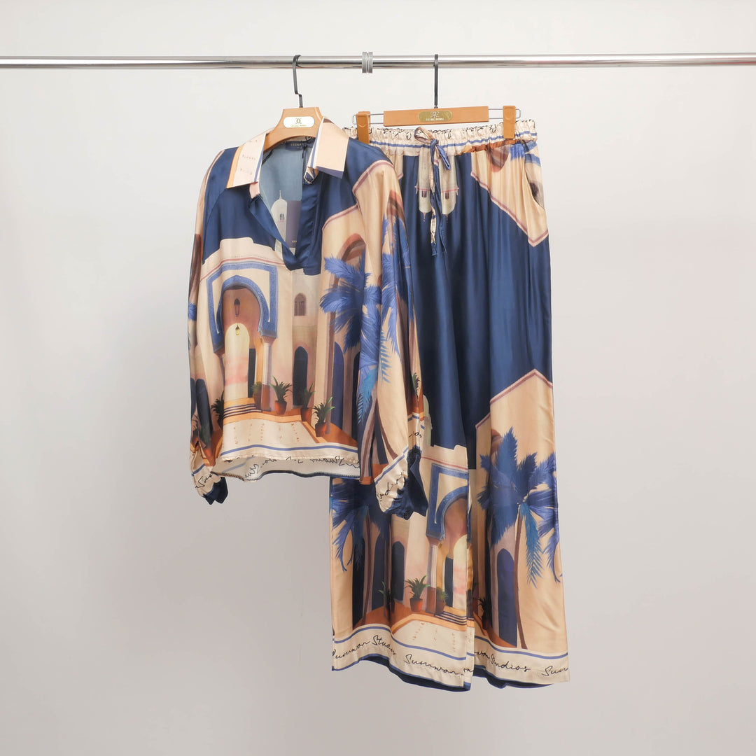 Wide-leg trousers with oriental architecture print KD6637VS-26