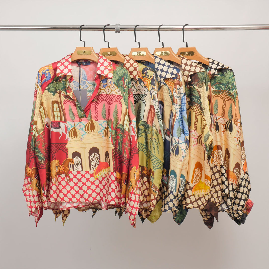 Tunique imprimée palais et chevaux en viscose et soie KD7365VS-25