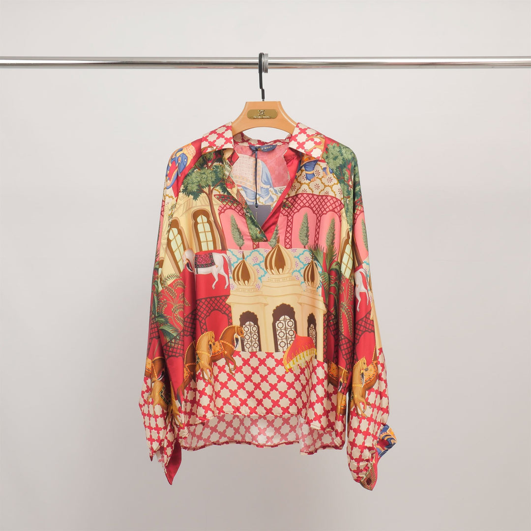 Tunique imprimée palais et chevaux en viscose et soie KD7365VS-25