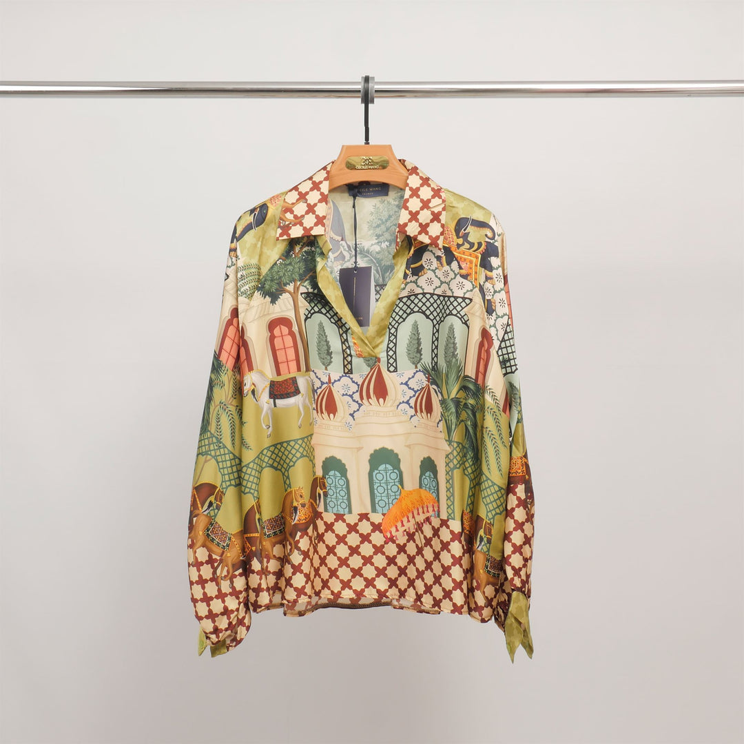 Tunique imprimée palais et chevaux en viscose et soie KD7365VS-25