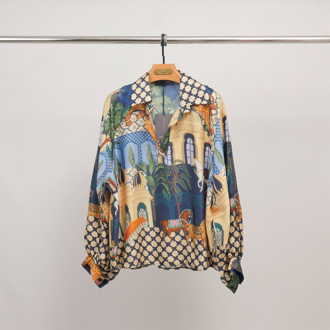 Tunique imprimée palais et chevaux en viscose et soie KD7365VS-25