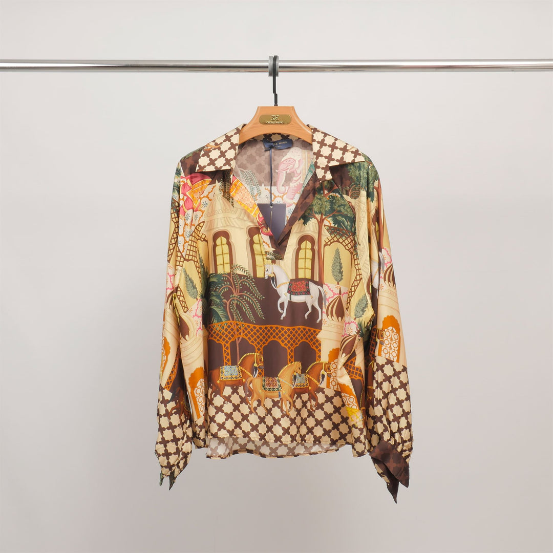 Tunique imprimée palais et chevaux en viscose et soie KD7365VS-25