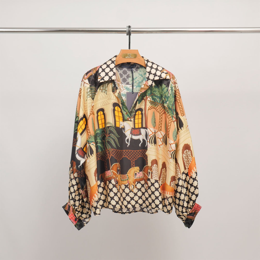 Tunique imprimée palais et chevaux en viscose et soie KD7365VS-25